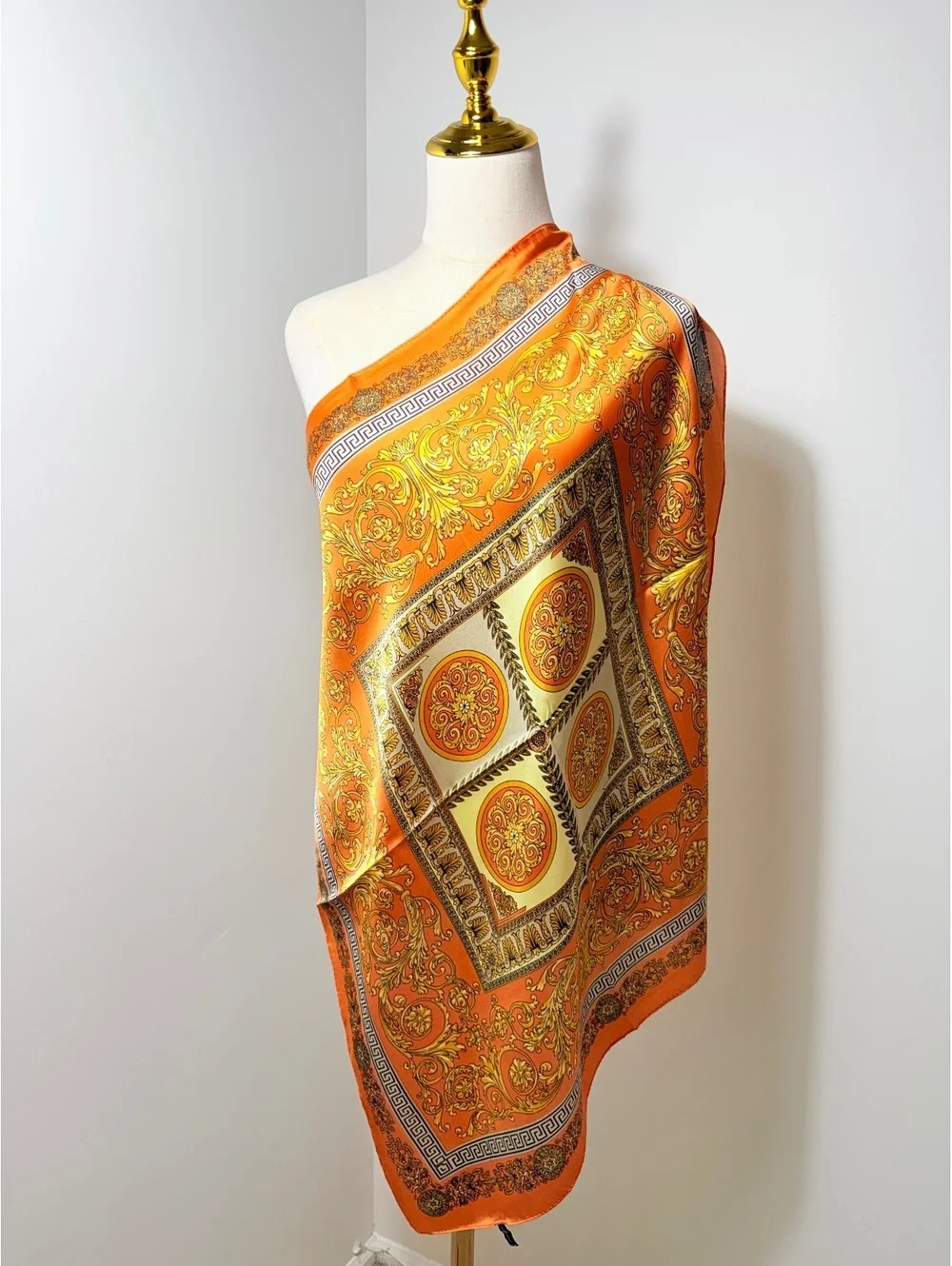 Elegant Orange Scarf with Golden Baroque and Greek Key Pattern